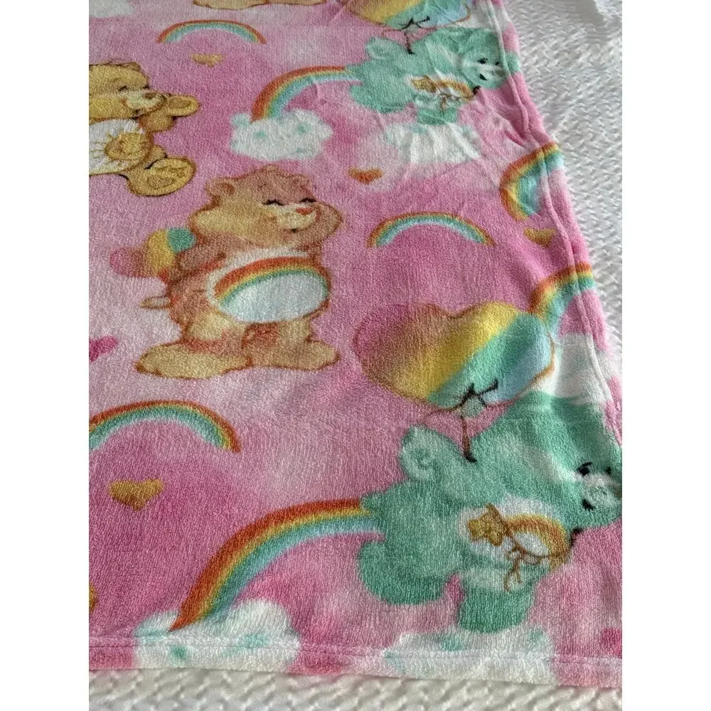 Care Bears Plush Throw Blanket 46x60 Pink Rainbow Hearts Super Soft NWT Franco